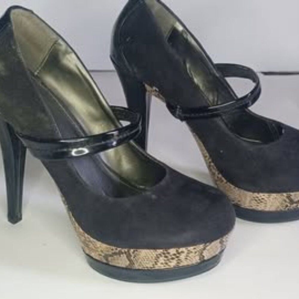 Paprika Black & Snake Print Heels sz 8.5